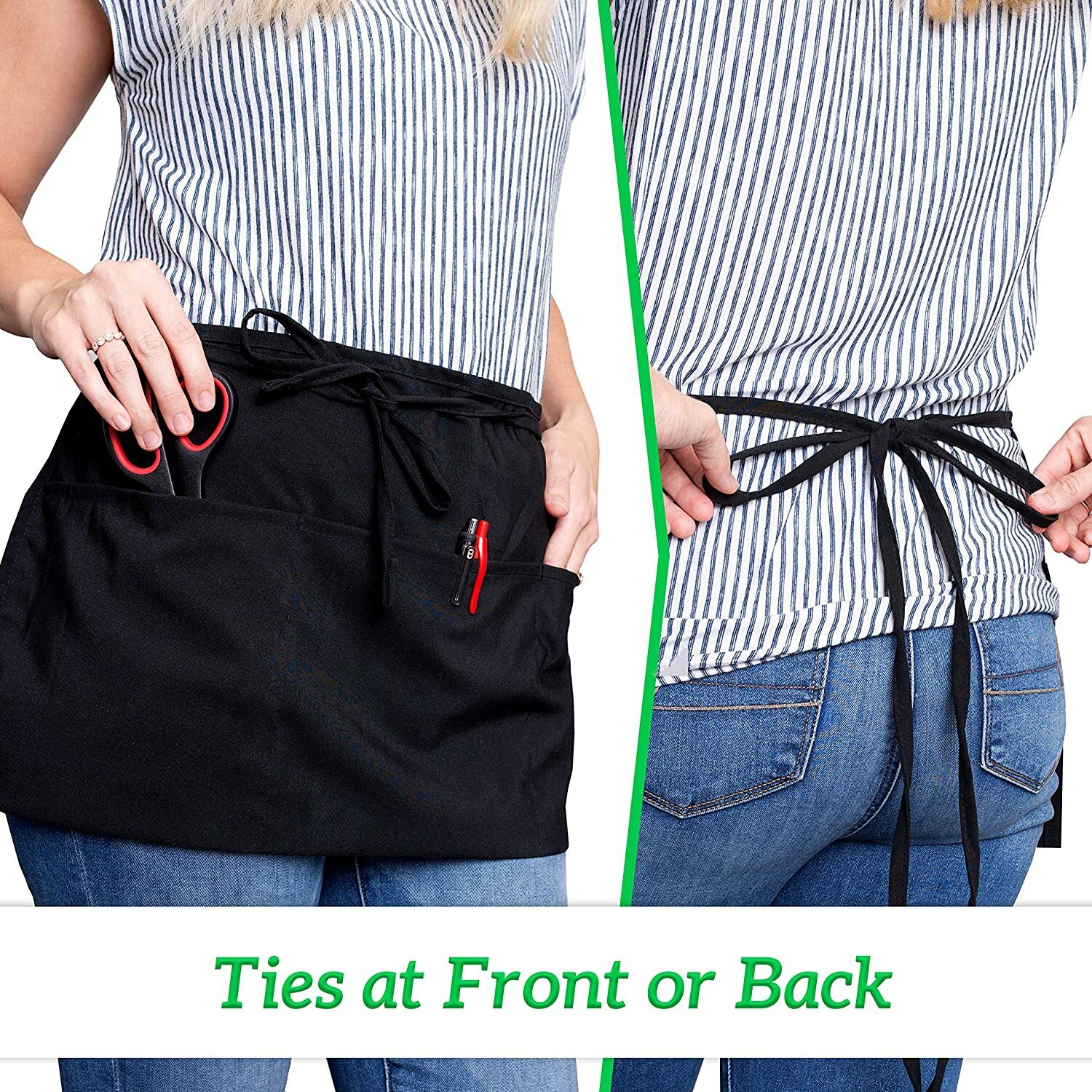 3 Pack Waist Aprons 3 Pockets Waitress Server Waiter Apron for Women Men Black