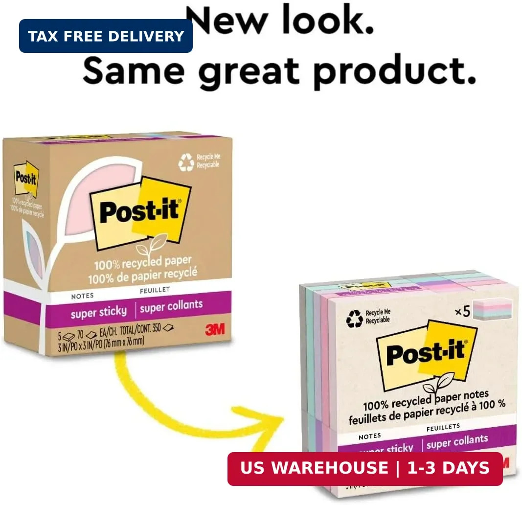 Post-it 100% Recycled Super Sticky Notes, 3 x 3 in, Pastels, 5 Pads | School Sup
