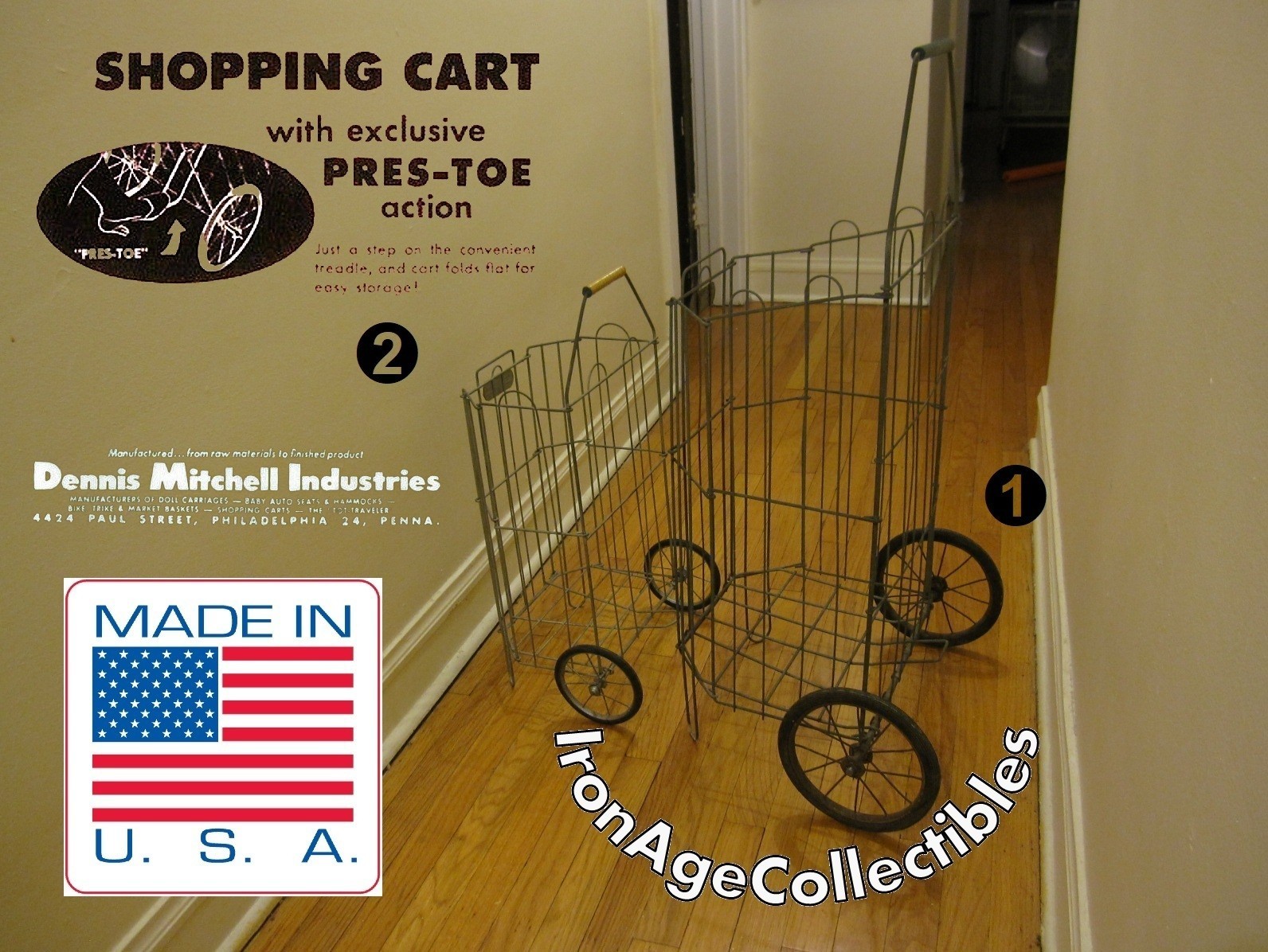 1940s Folding Metal Shopping Carts, Child’s & Adult Size Wire Basket Collapsible