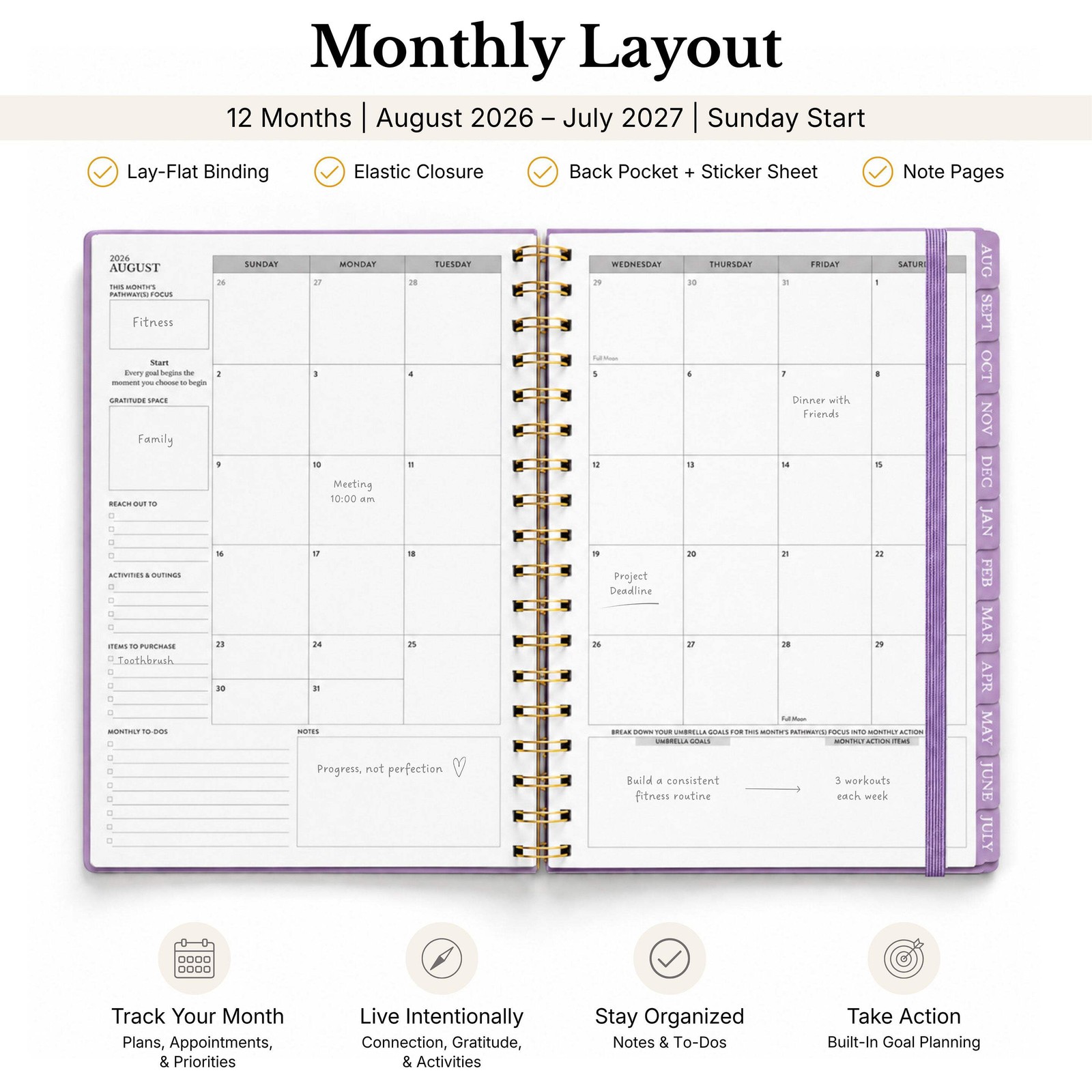 2026-2027 Mid-Year Monthly Weekly Spiral Planner B5 August Start Agenda