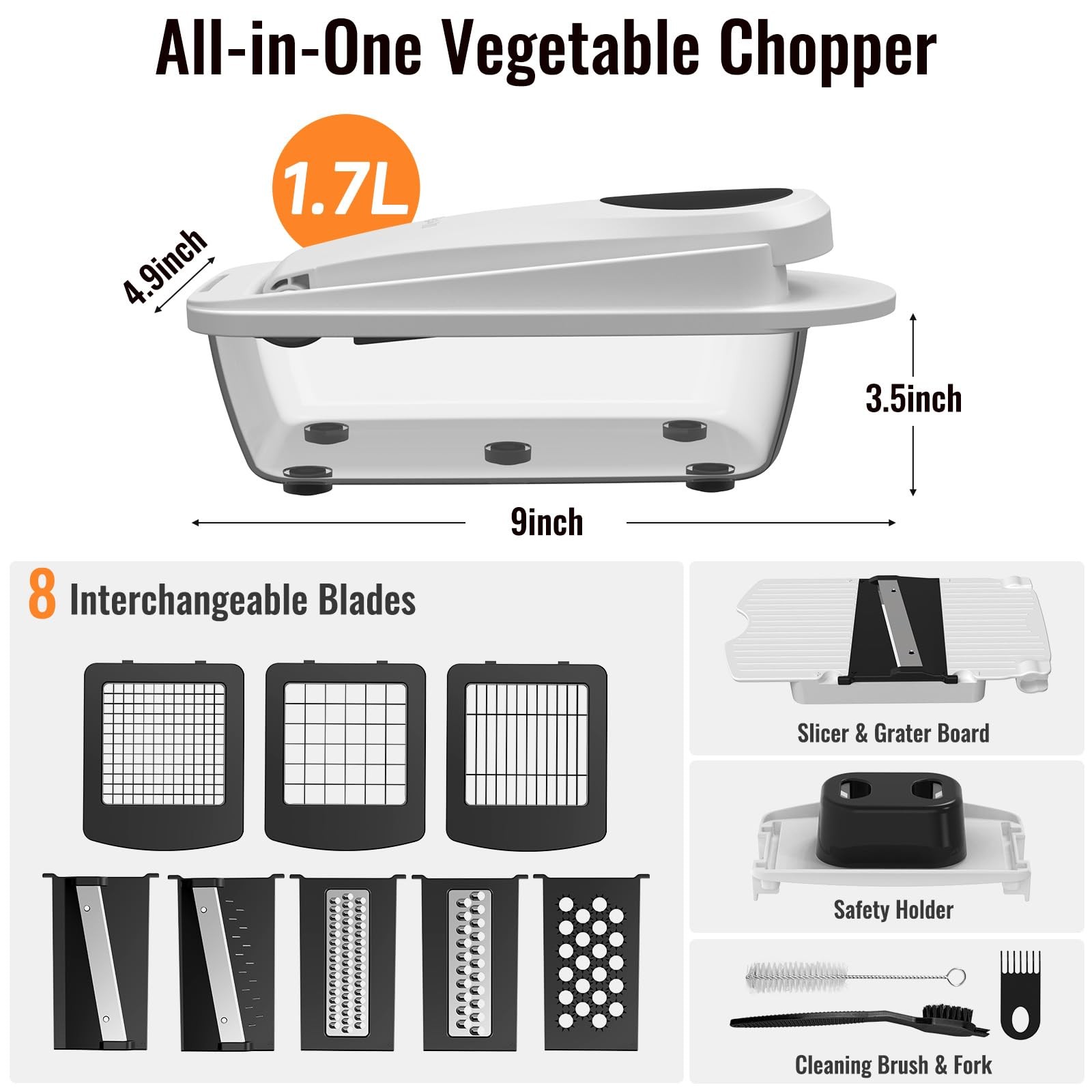 8 Blade All-in-1 Vegetable Chopper Mandoline Slicer with 8-blade, White