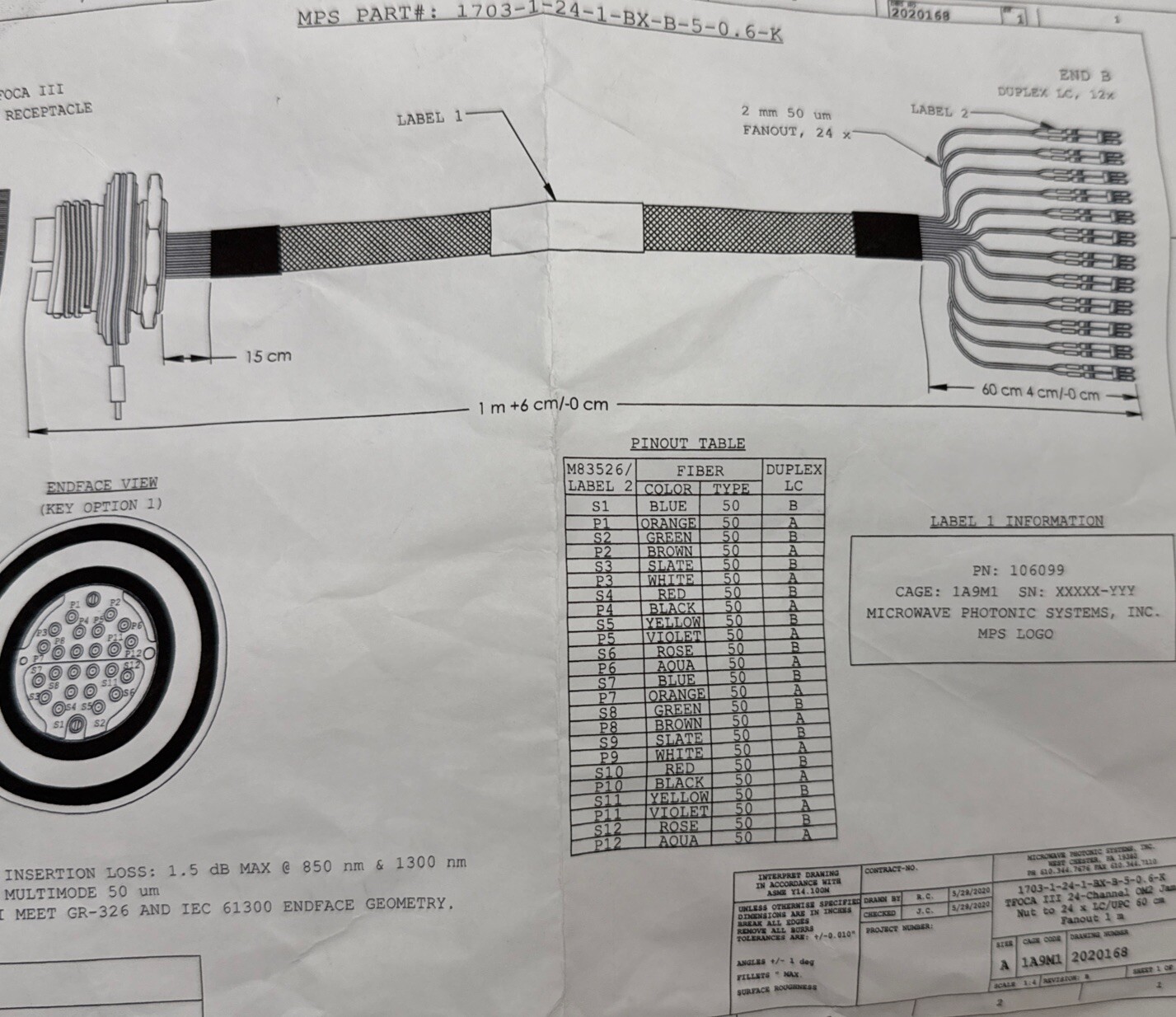 AMPHENOL Fiber MILSPEC TFOCA-III FS5H8000 24 Fiber Receptacle 12x Duplex LC