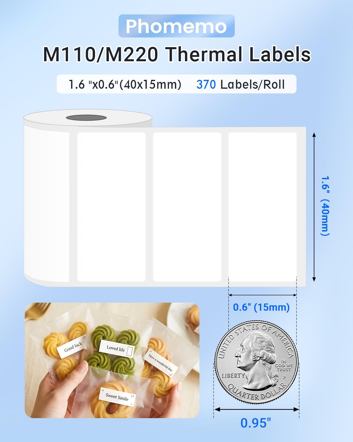 Phomemo M110 Labels, 1110 Pcs 1.57” x 0.59” 1.57″ x 0.59″ (40x15mm), White