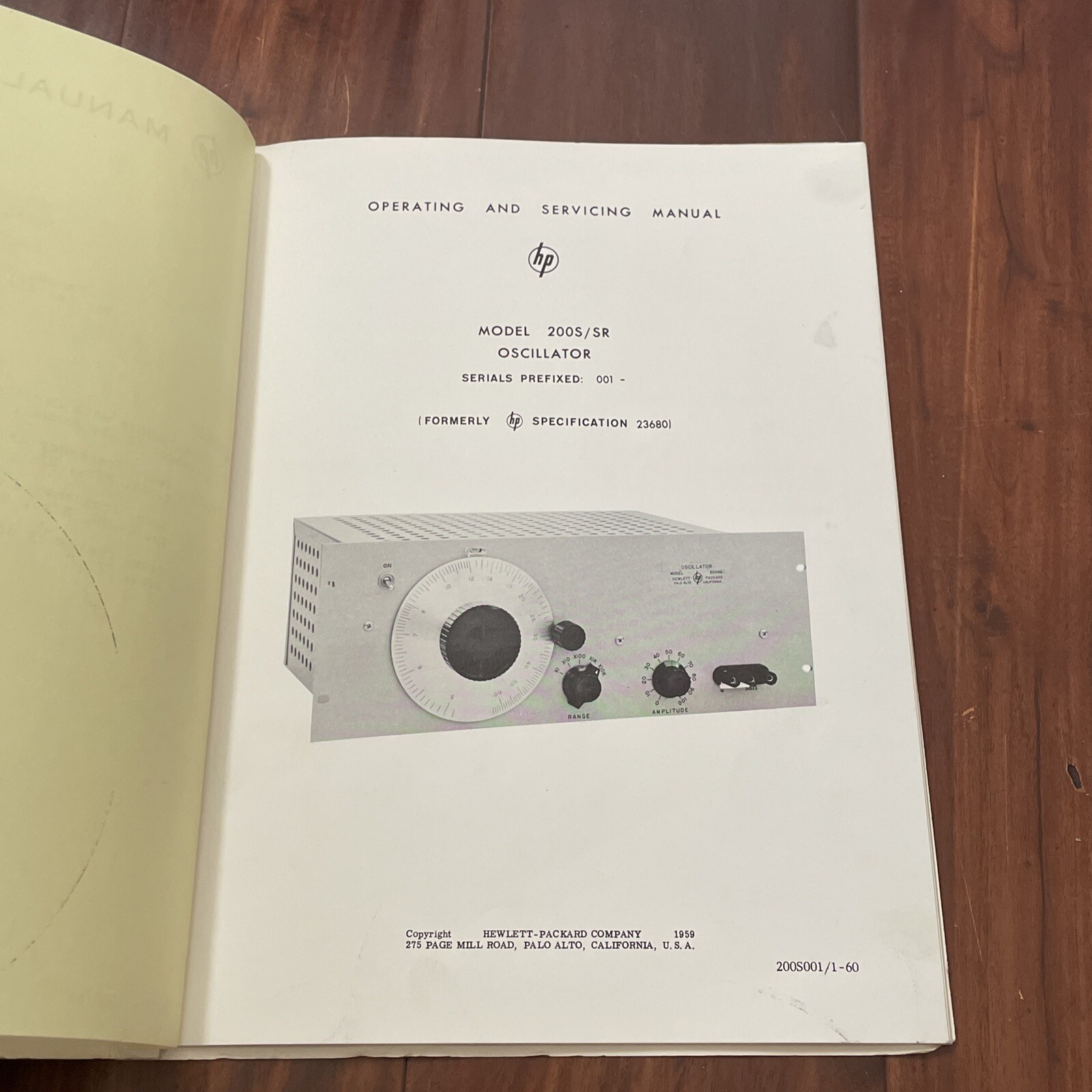 HP 200S/SR Oscillator Operating & Service Manual 200S001/1-60