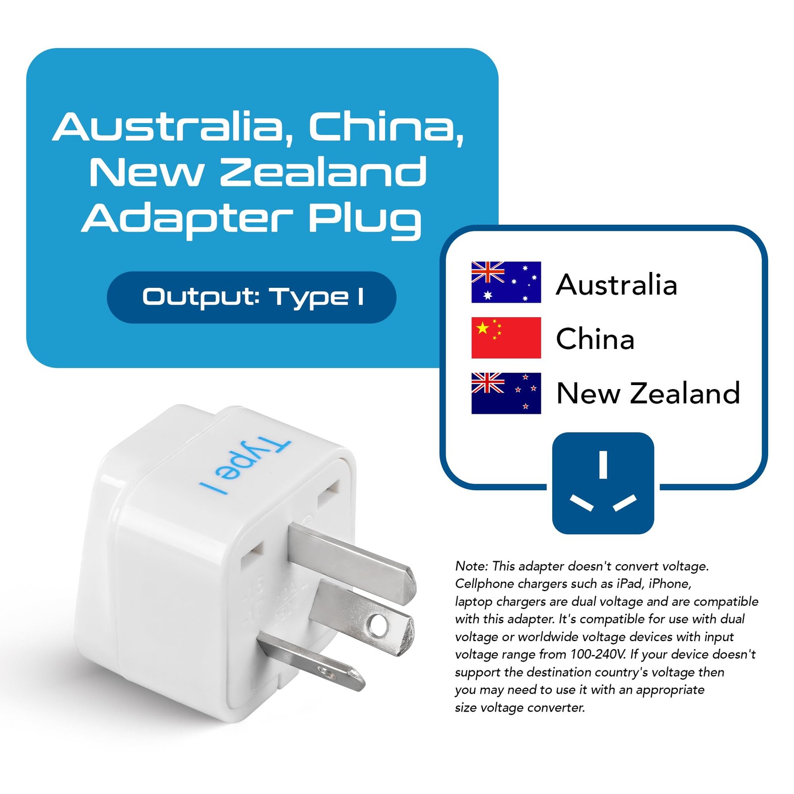 Australia, China, New Zealand Travel Plug Adapter Type I 3 Pack Grounded & U…