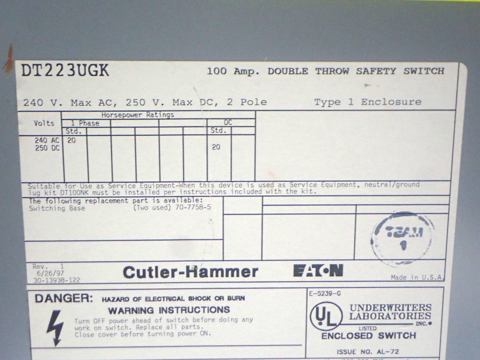 Cutler Hammer Eaton DT223UGK 100 Amp 240 Volt Non Fused Double Throw Disconnect