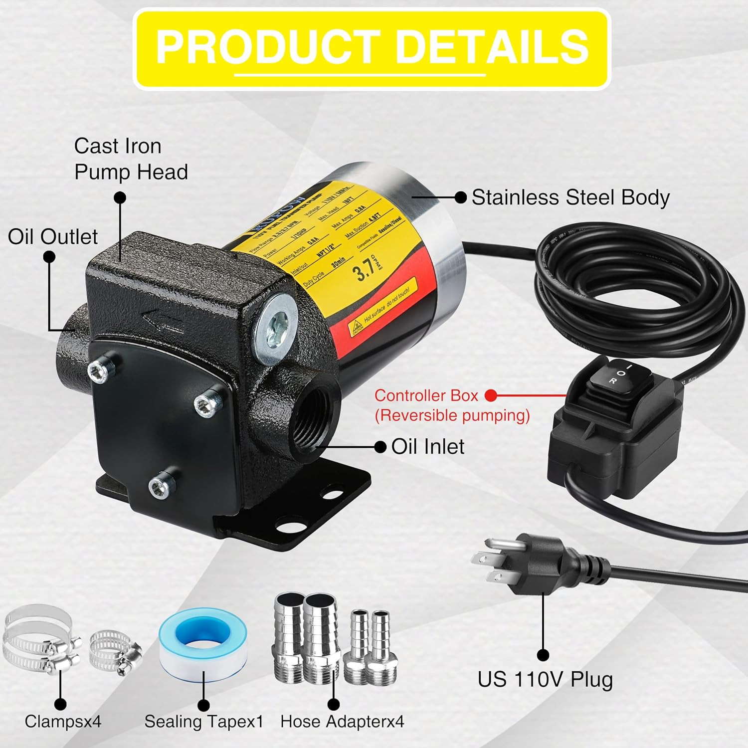 110V AC Self-Priming Gasoline Fuel Oil Transfer Pump with Reversible Pumping Swi