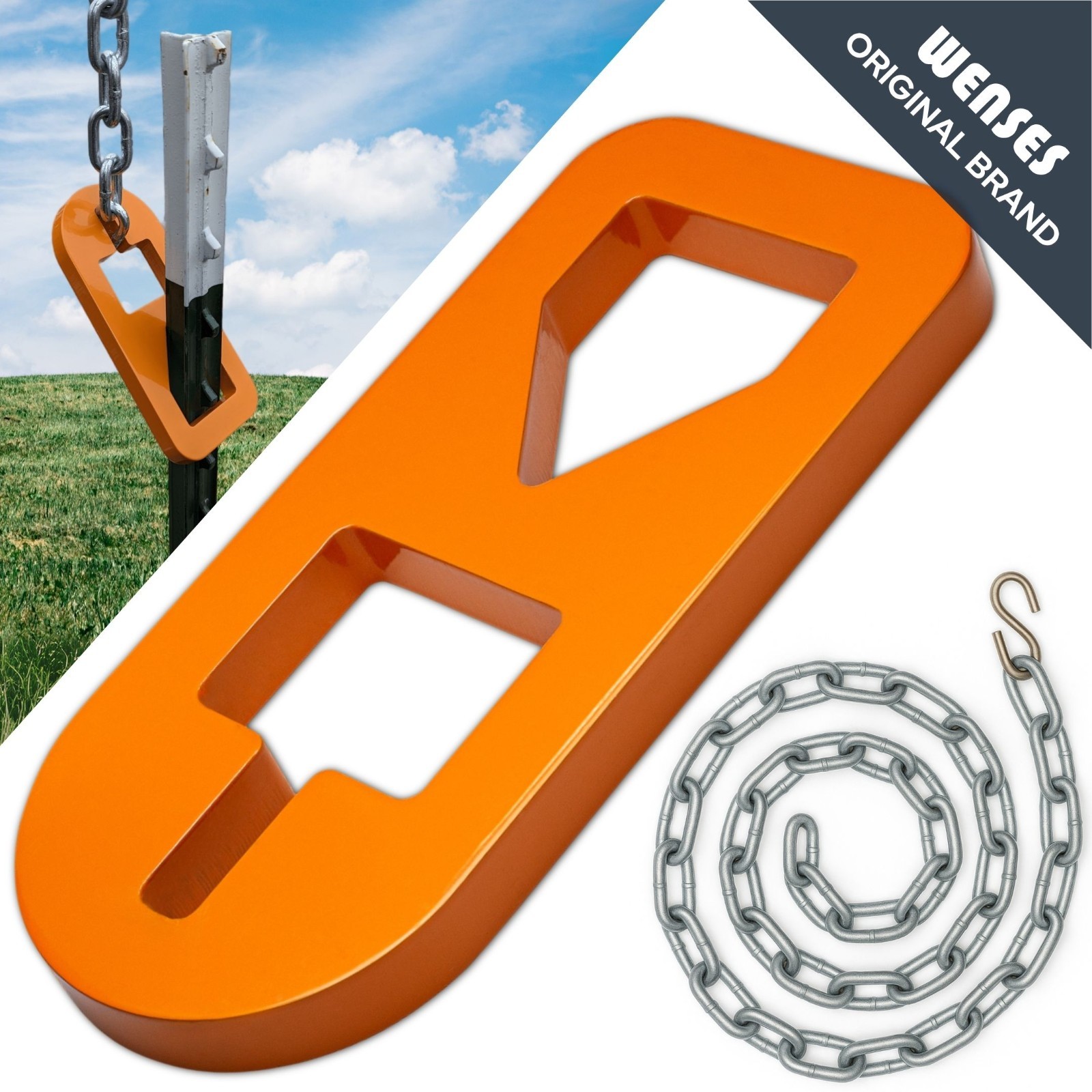 Wenses Original T-Post Puller Plate Tool with Short Chain, Heavy Duty Steel