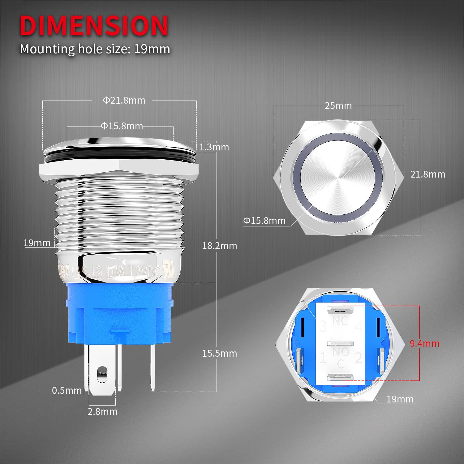 19mm 12V LED ON OFF Waterproof Stainless Steel Latching Push Button Power Switch