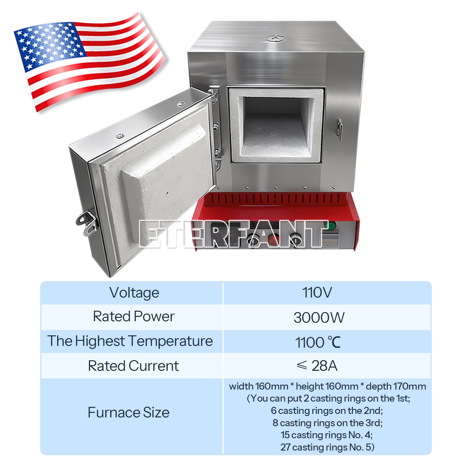 2000W/3000W Dental Lab Burnout Oven 1100℃ High Temperature Fiber Ceramic Furnace