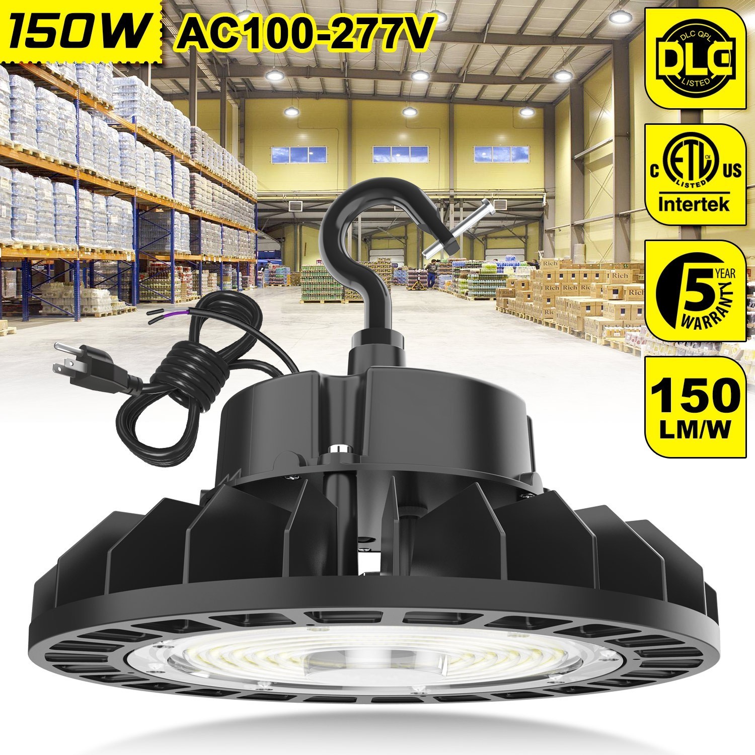 150W UFO LED High Bay Light 22,500lm Commercial Warehouse Garage Light Dimmable