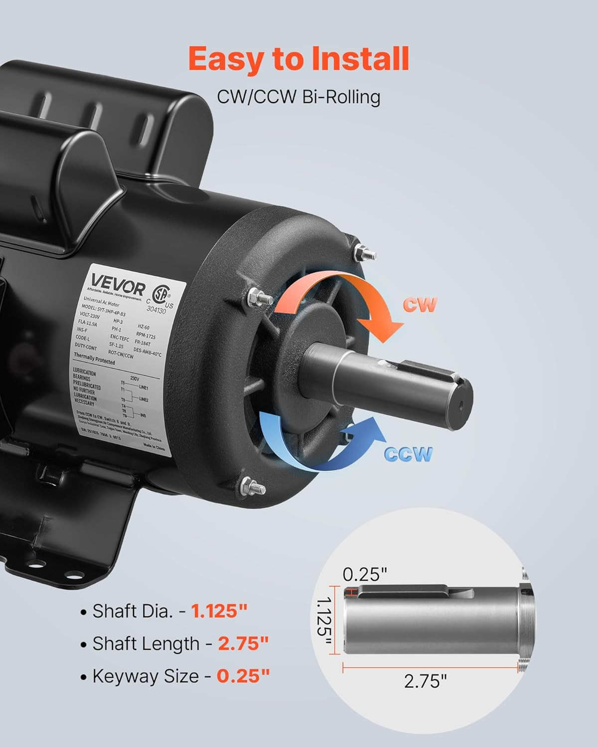 3 HP Electric Motor 1750 RPM, Single Phase 230V, 1.125in Shaft, 184T Frame