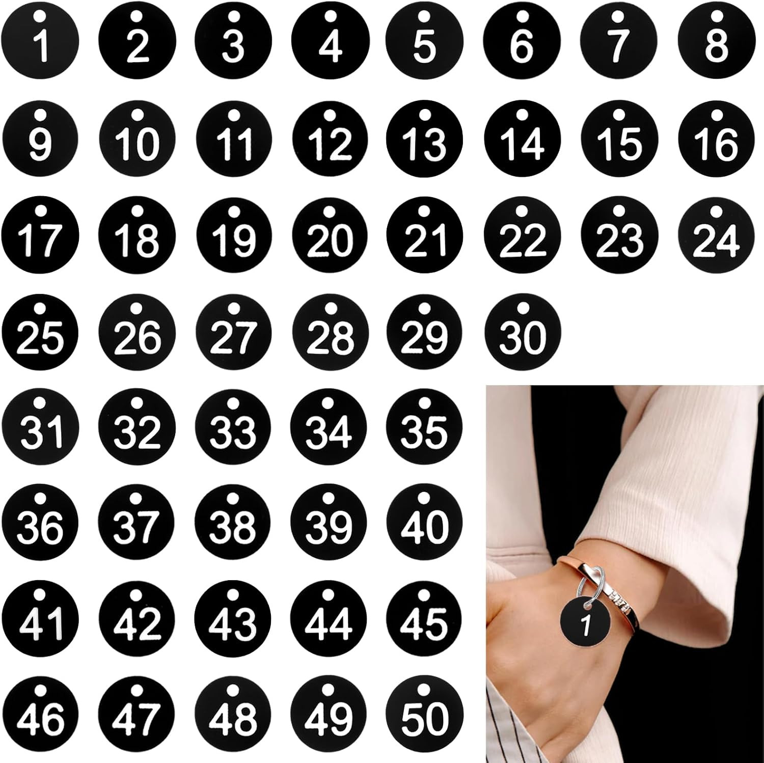 1-50 Number Tags, Plastic ID Number Hang Tags with Hole, Engraved Round Numbered
