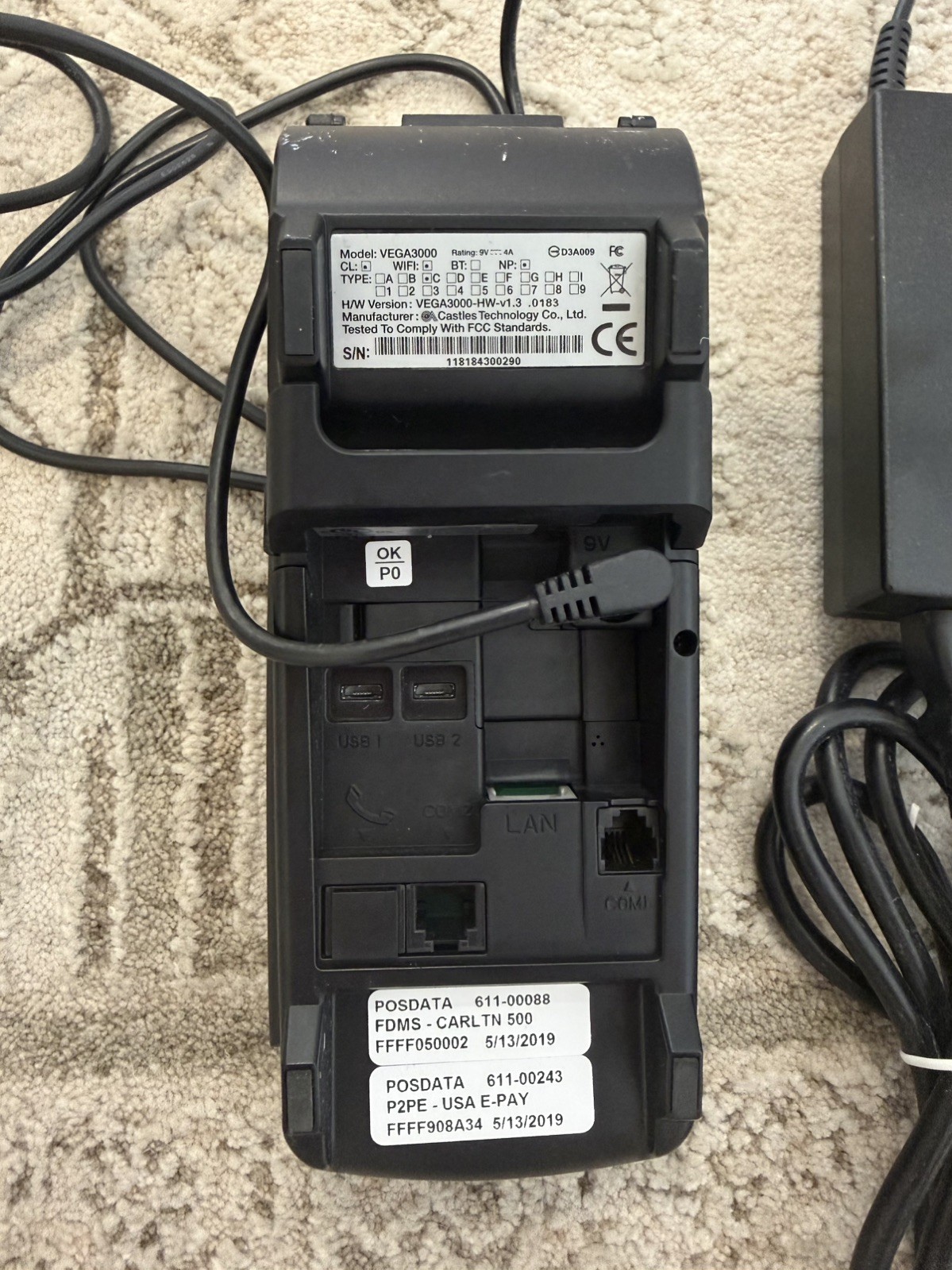 CASTLES V3 Vega3000-HW-v1.3 -Credit Card Terminal w Power Cord – WORKS!