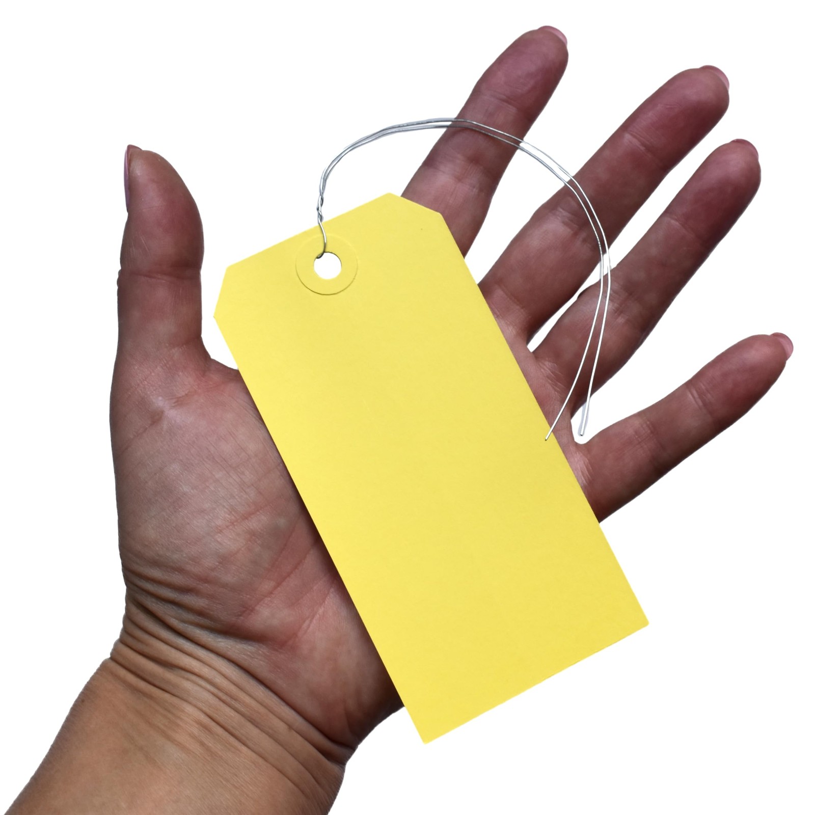 100 PCS 4.75 x 2.375 Yellow Pre-Wired Paper Tags, 5, Metal Twist Wire