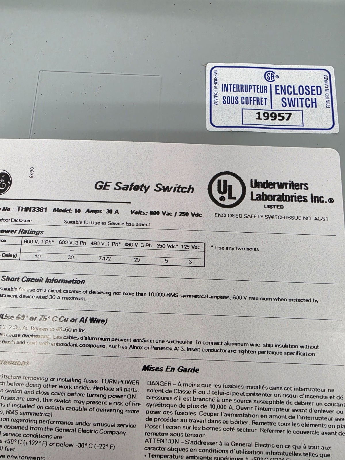 NOS GE THN3361 30 Amp Safety Disconnect Switch 3 Pole Indoor 600V Model 10
