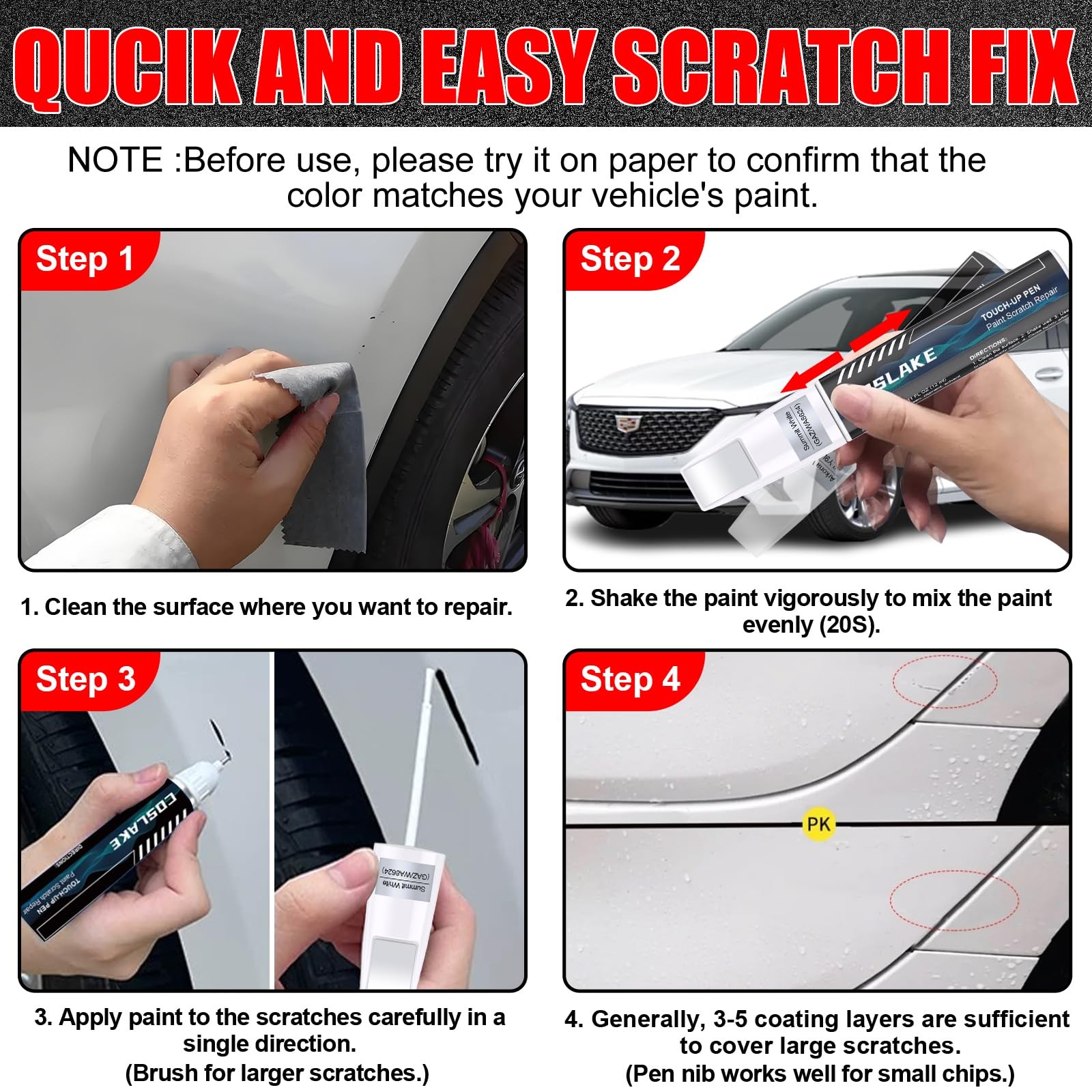 Touch Up Paint for Cadillac Scratch Repair Kit with 2 Pens & Micro Applicators
