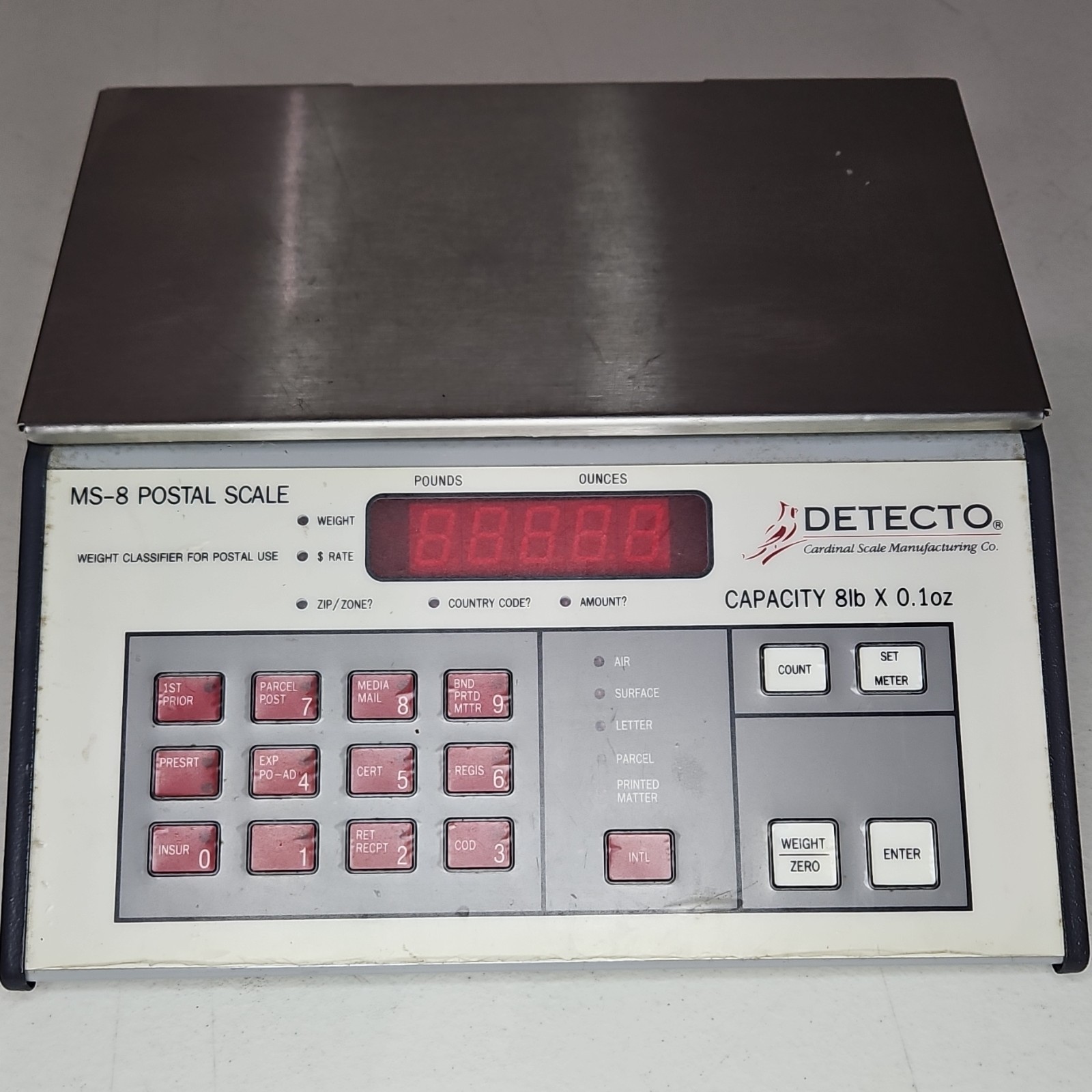 Detecto MS-8 Postal Scale 8 lb x 0.1 oz Stainless Platform, AC Adapter, Serial