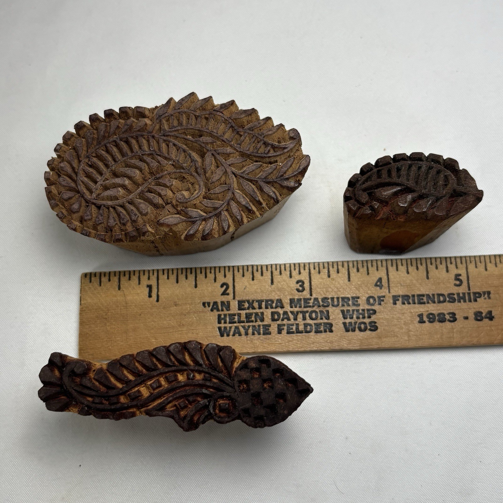 3 Vintage Hand Carved Wooden Textile Printing Fabric Block Stamps Floral Paisley