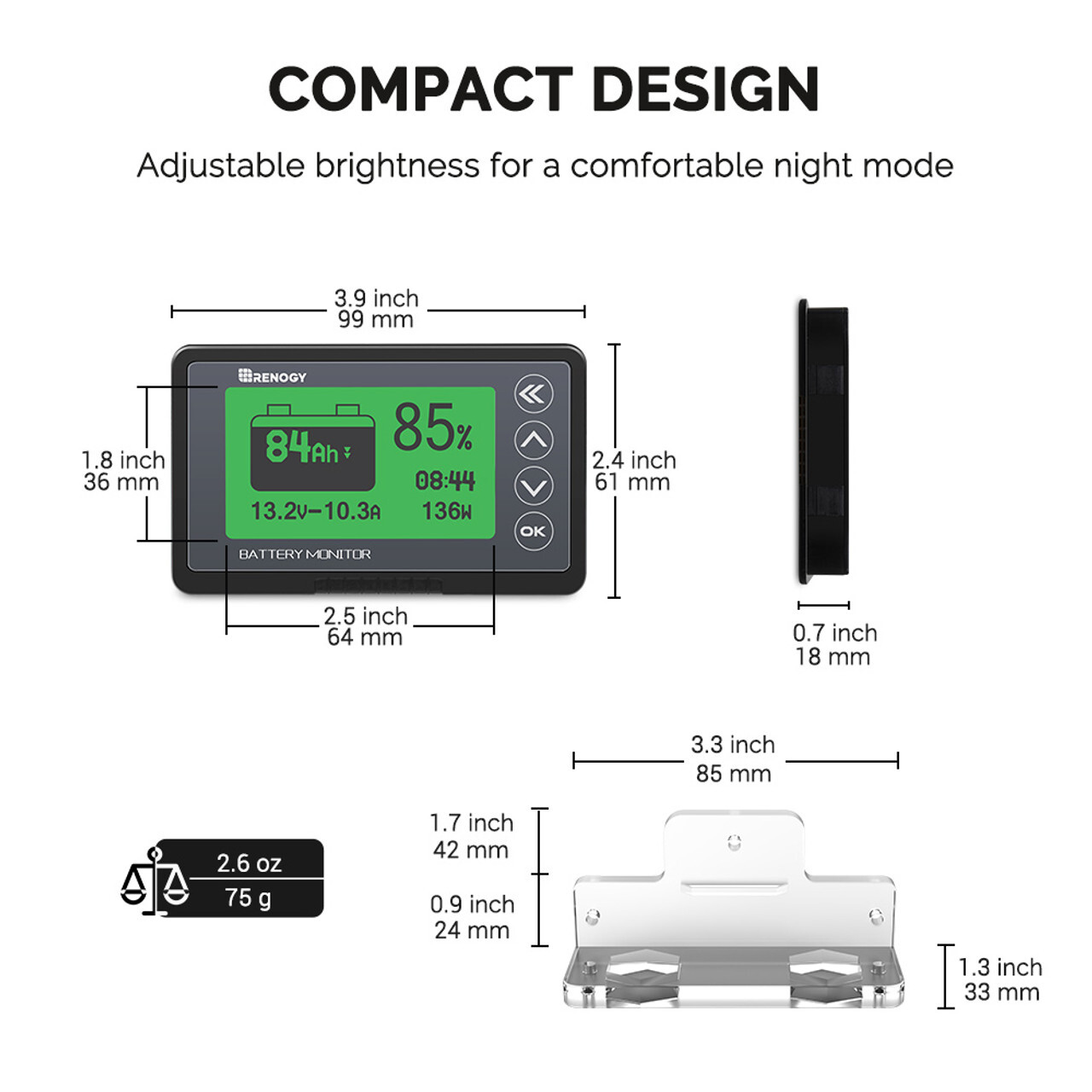 Renogy 500A Battery Monitor with Shunt, High and Low Voltage Programmable Alarm