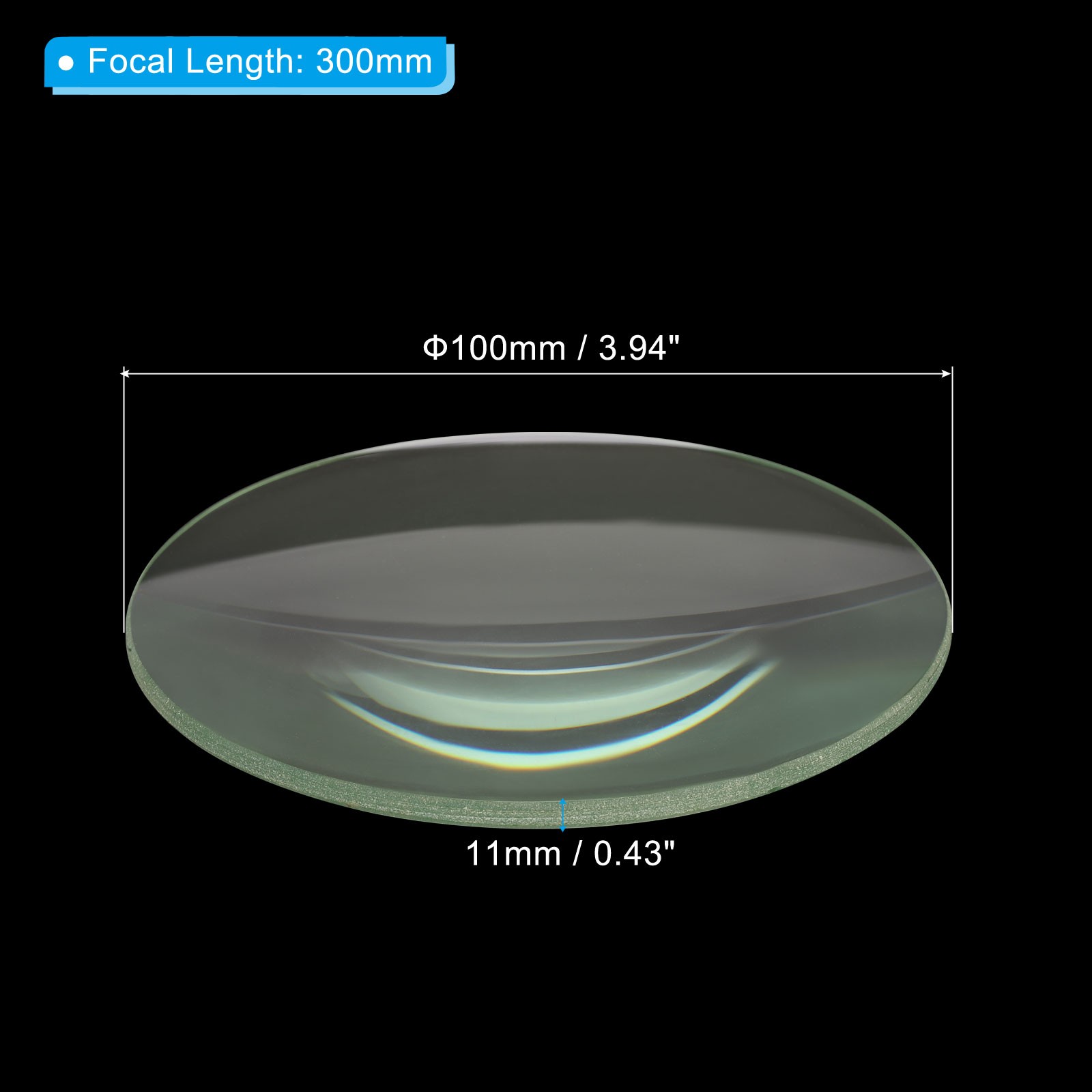 12″ 300mm Focal Length Double Convex Lens 100mm Diameter 11mm Height