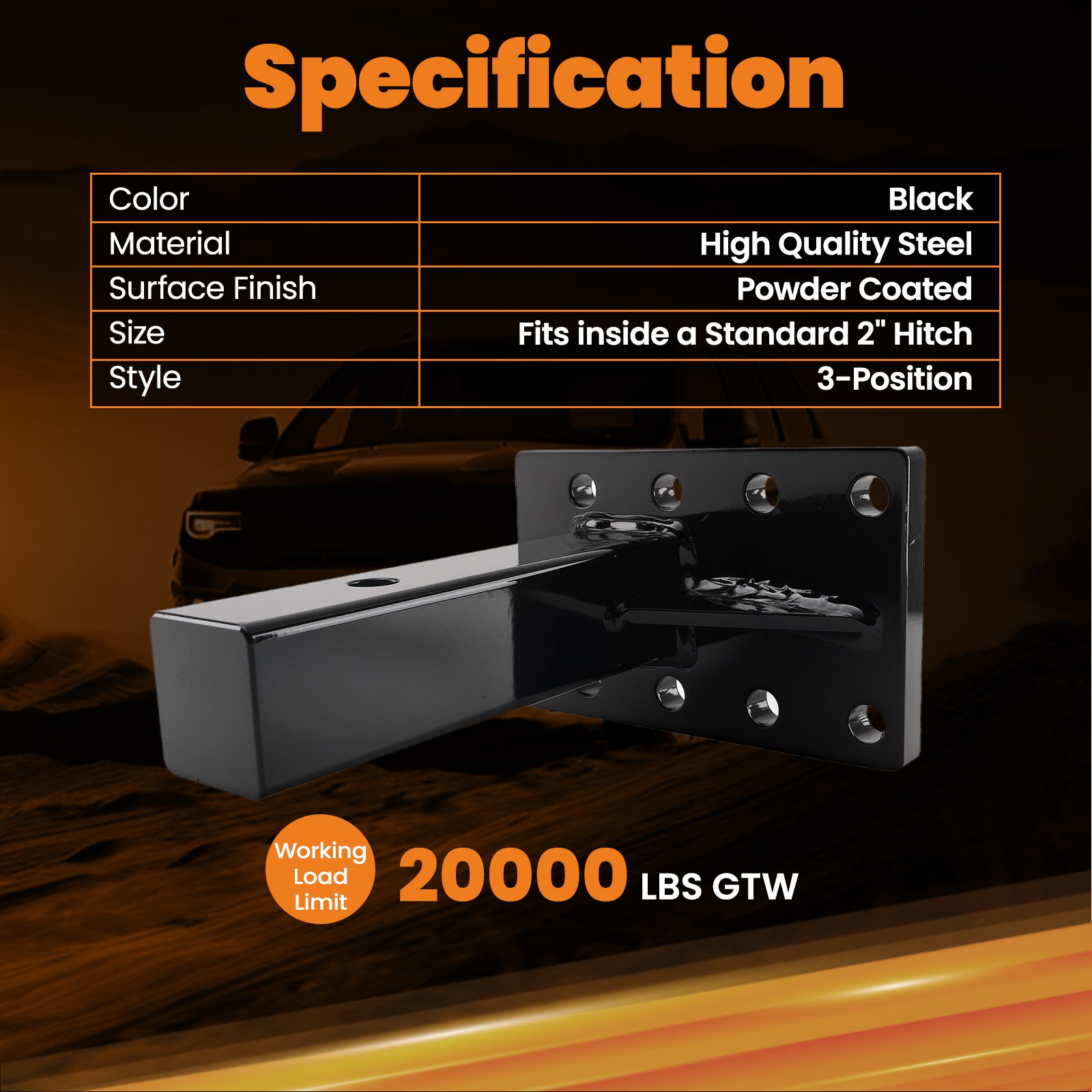3 Position Pintle Hitch Mount Plate for 2″ Hitch Steel 20000 lbs Capacity