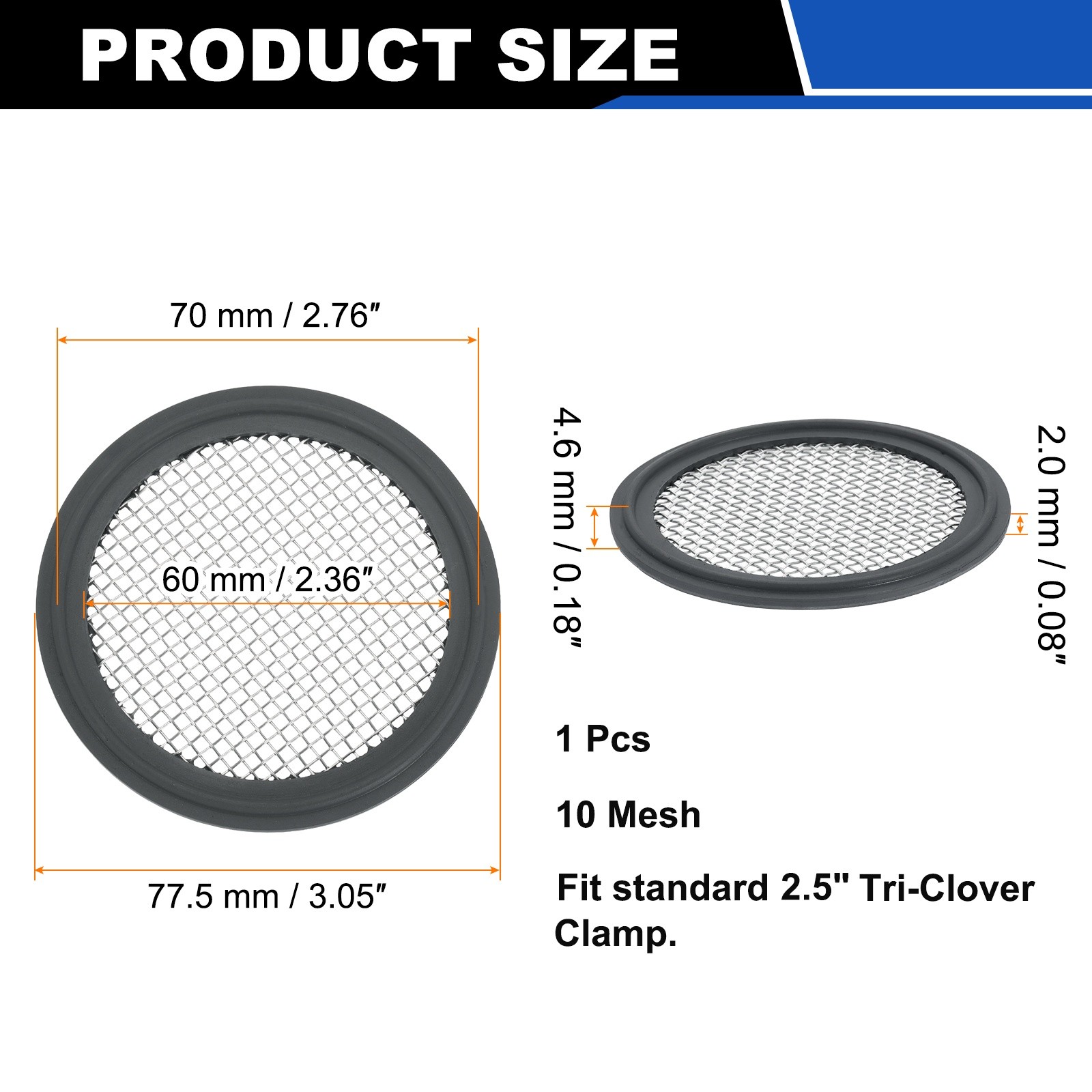 2.5» FKM Sanitary Gasket, 10 Mesh Sanitary Filter Gasket, Grey