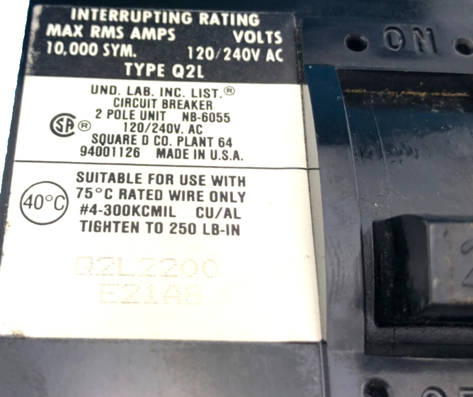 Square D Q2L2200 200 Amp 2 Pole Circuit Breaker Type Q2L 240VAC Main 200A *NICE