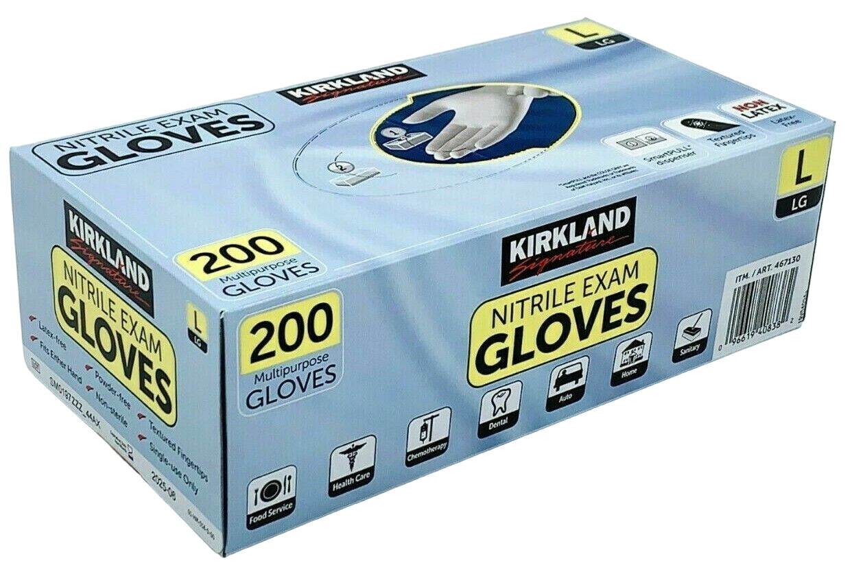 Kirkland Signature Nitrile Exam Powder-Free Exam Gloves – LARGE – 200 Count