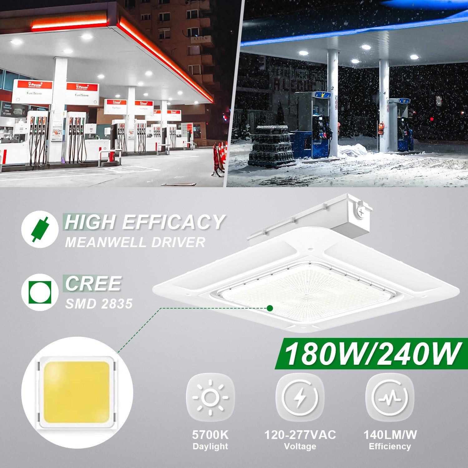180W LED Canopy Light Parking Lot Gas Station Lamp IP65 25200LM Lights 5700k