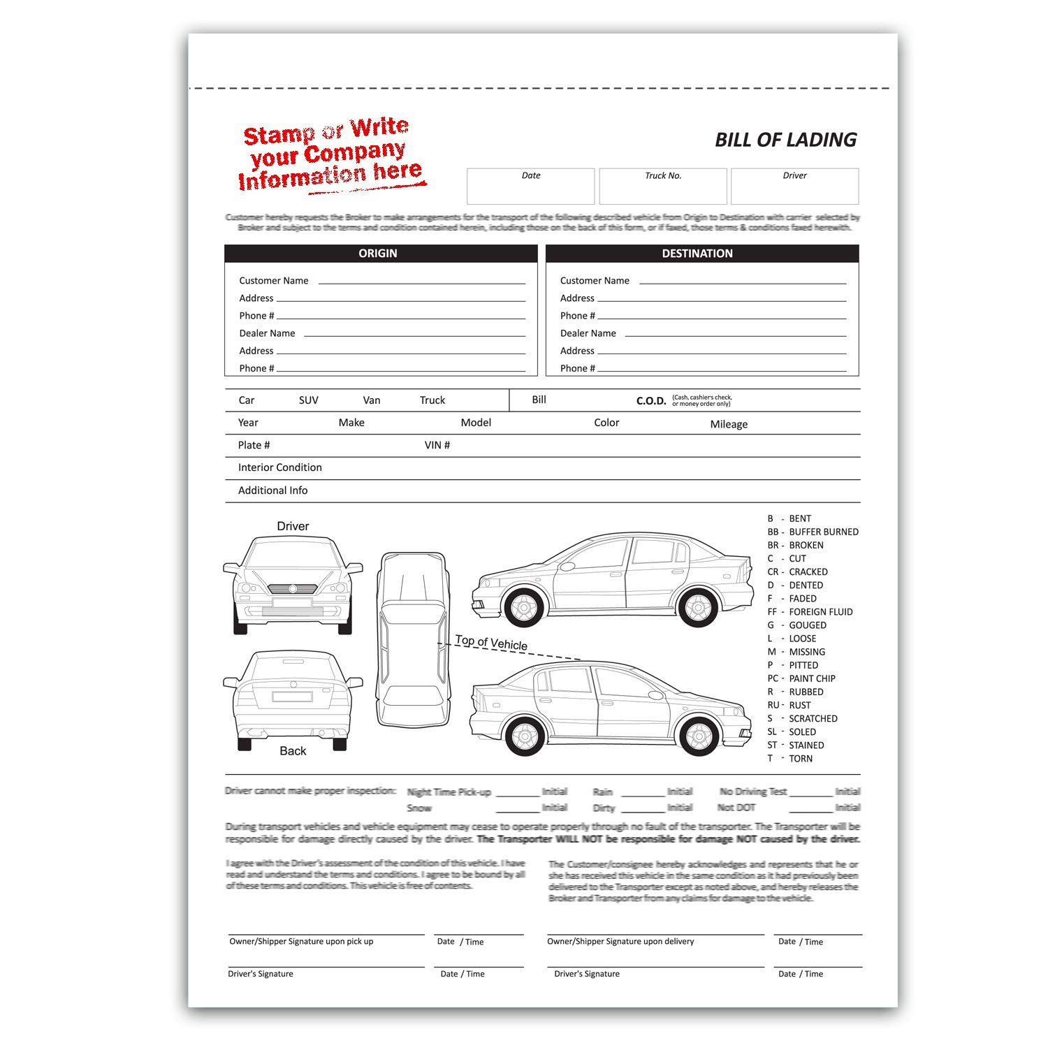 NextDayLabels – Vehicle Transport Bill of Lading (BOL) 100 3 Part (No Name)