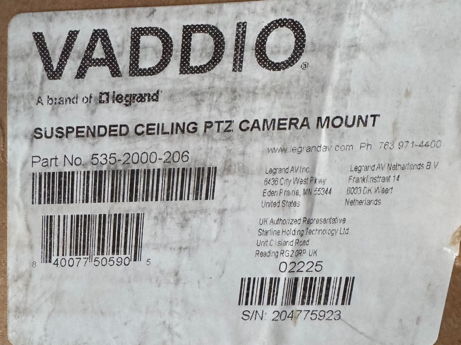 Vaddio 535-2000-206 Suspended Ceiling PTZ Camera Mount