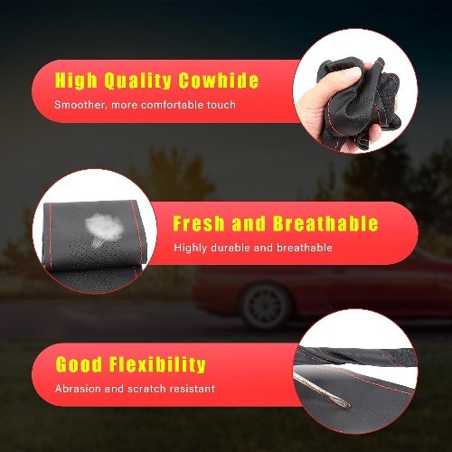 Genuine Leather Steering Wheel Cover, Breathable A Size: Full HoleColor: Beige