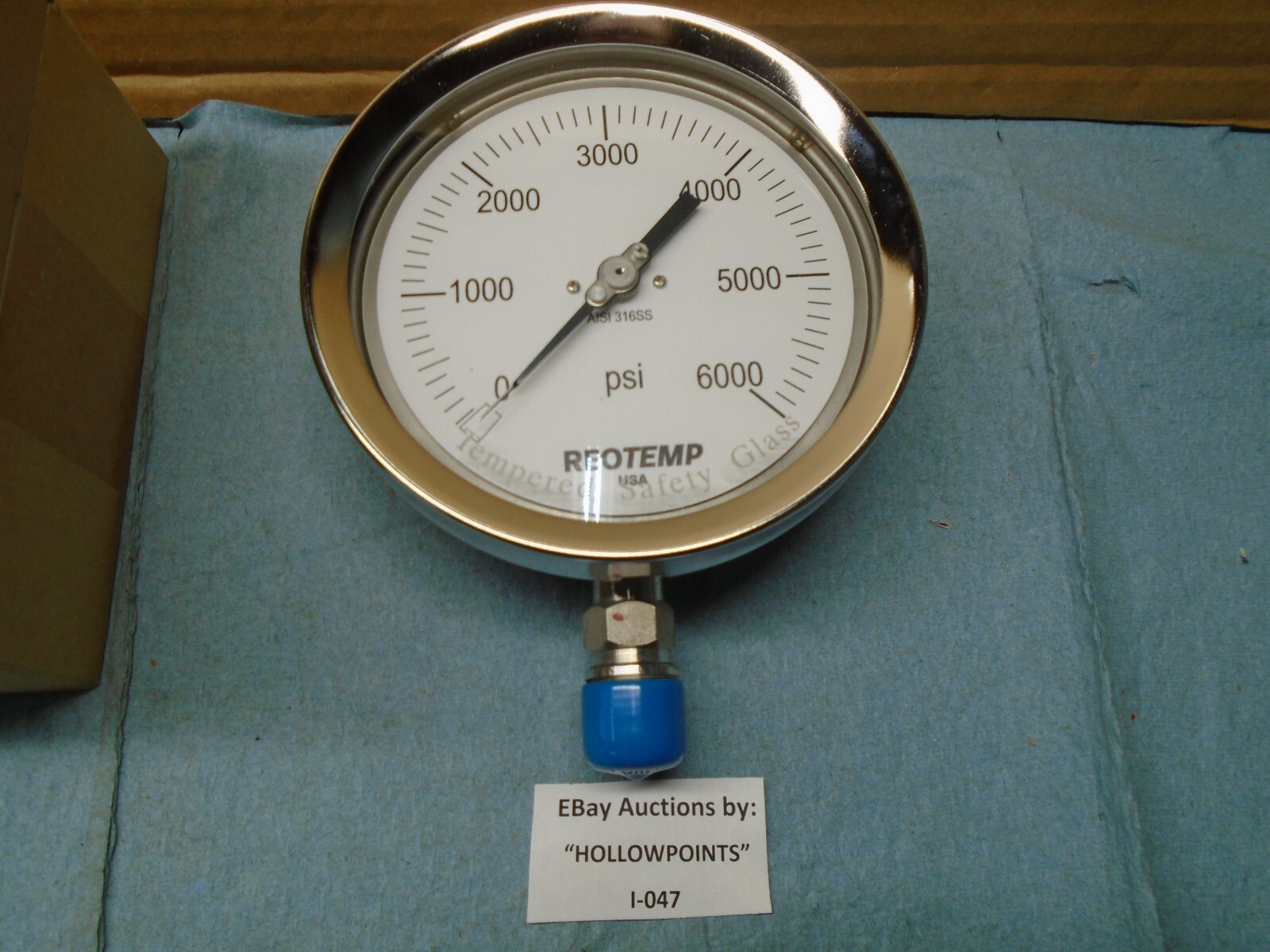 Reotemp New Pressure Gauge PT45T1A2P35-D-T 4.5″ 1/2 NPT 316 SS 0-6000psi I047
