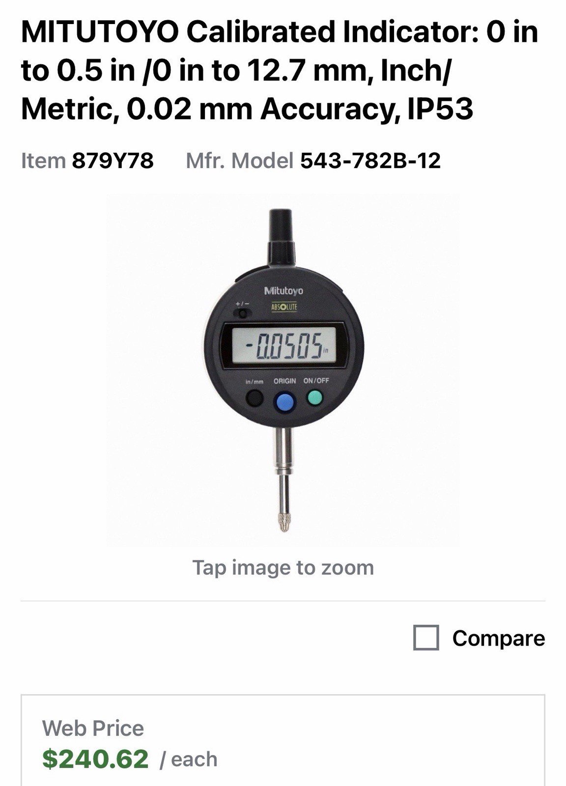 MITUTOYO Calibrated Indicator 0 in to 0.5 in /0-12.7 mm Inch/ Metric 0.02 mm