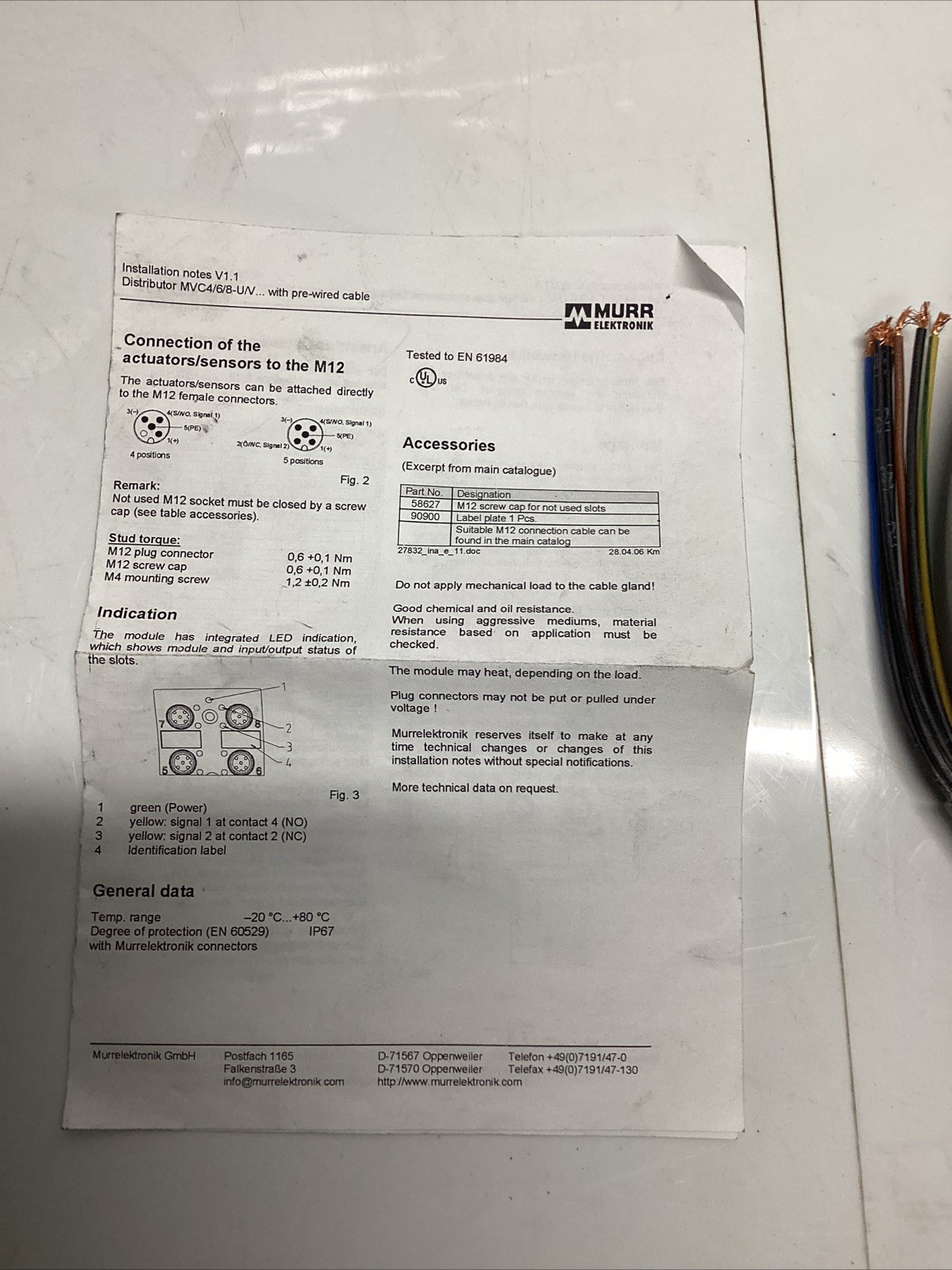 Murr Elektronik 27804 Pre-Wired Distribution Cable Assembly U-390