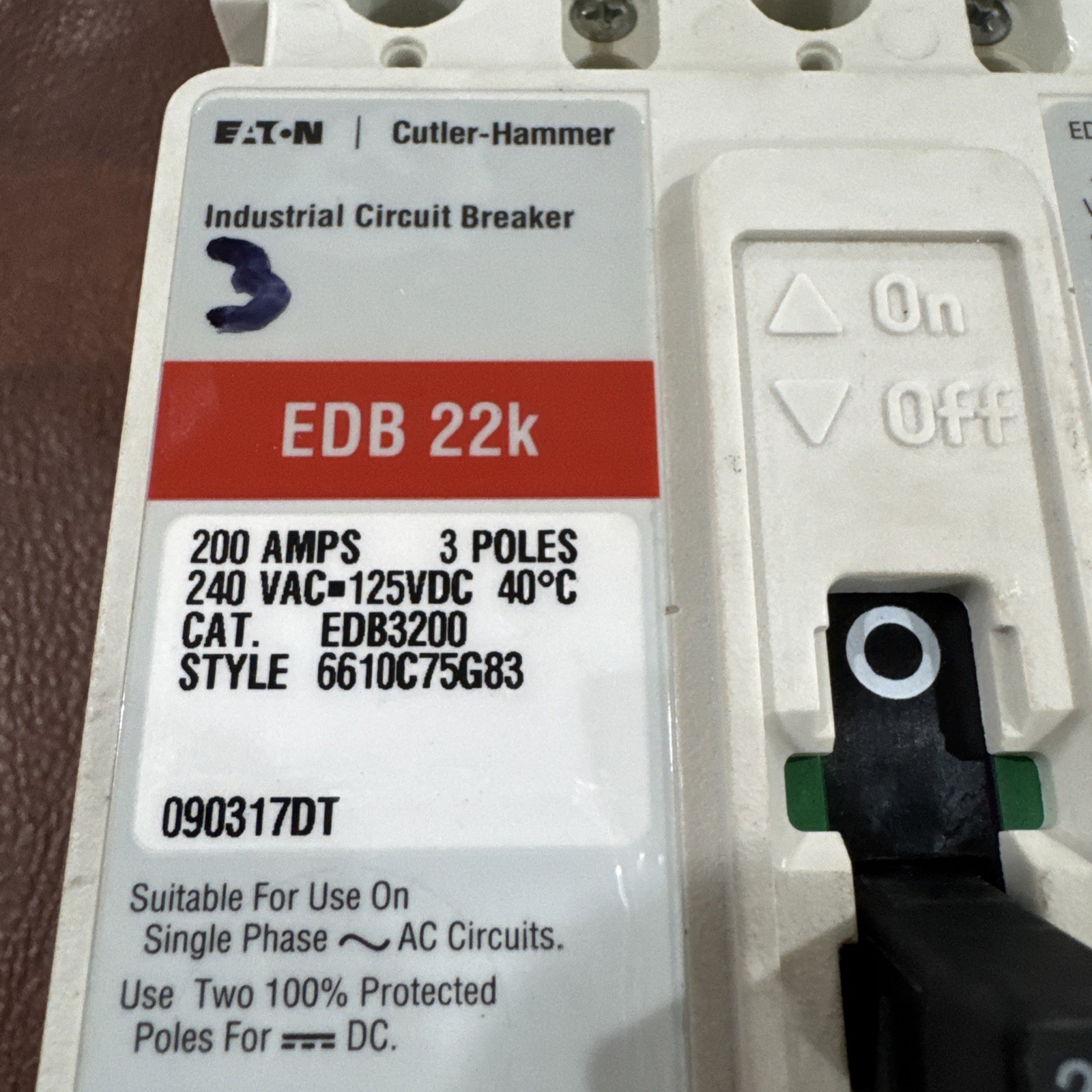 Eaton Cutler Hammer 200A 3P EDB3200 200 Amp 240V 3 Pole Circuit Breaker EDB 22k