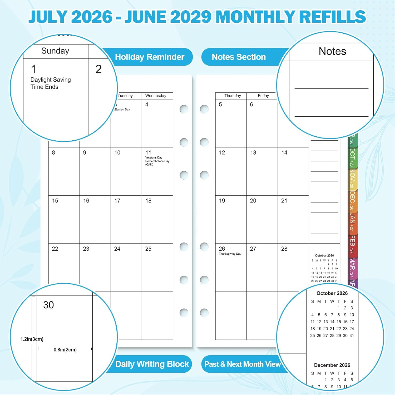 2026-2029 Monthly Planner Refills: 36 Months A6 Planner Inserts for 6-Ring Binde