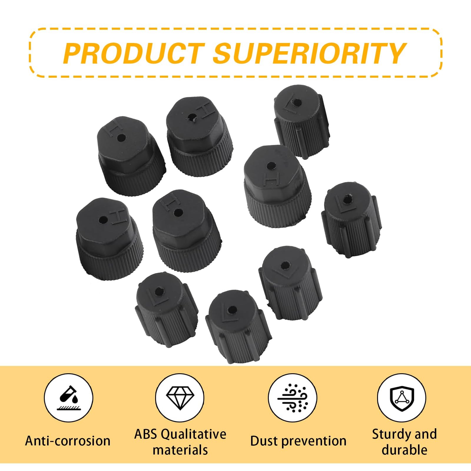 10 PCS Car A/C Valve Core Caps, R134a High & Low Pressure Port Black