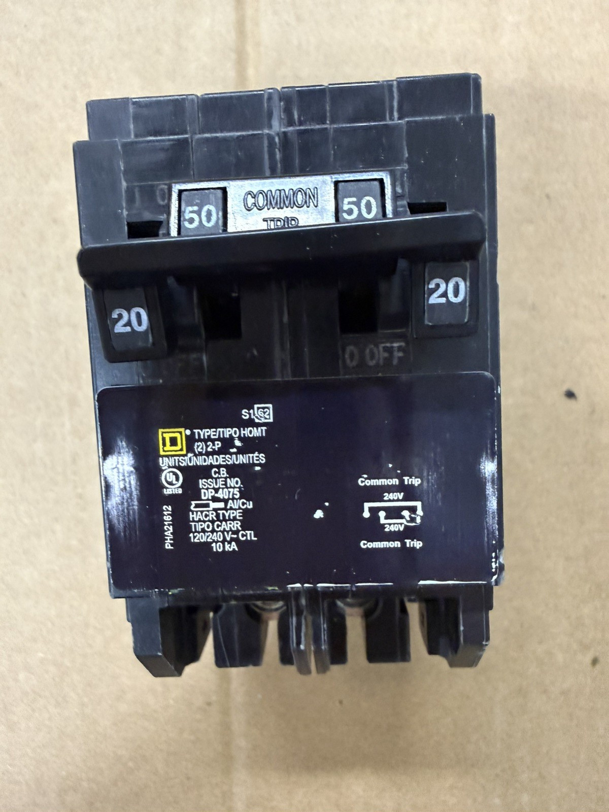 Square D Tandem Common Trip Circuit Breaker QO 50/20 Amp. 2 Pole 120/240 VAC