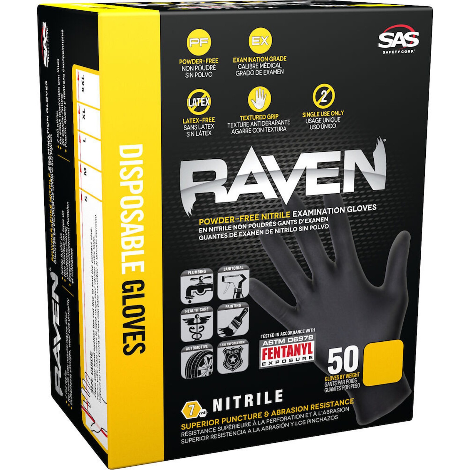 SAS Safety, Raven Gloves 50 Packs 7Mil PF Exam Textured, Size L, Color Black,