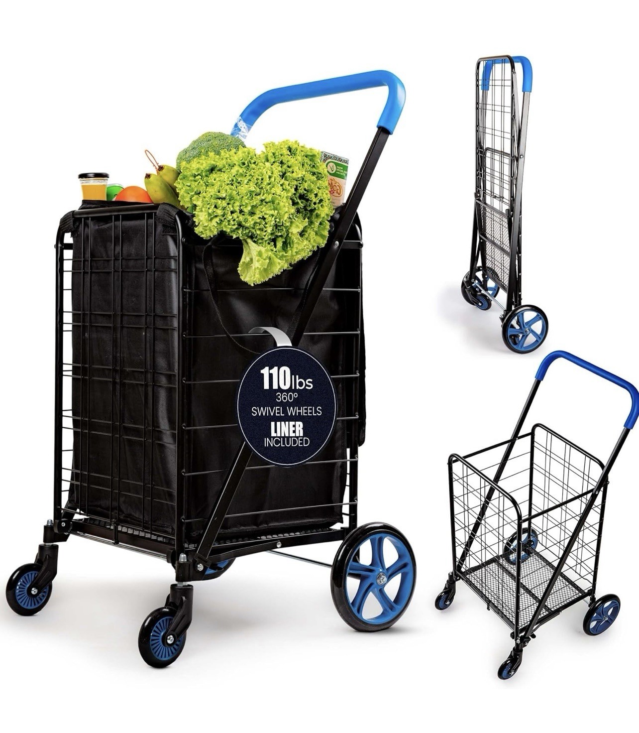 SereneLife Large Folding Utility Shopping Cart with Removable Liner – (Blue)