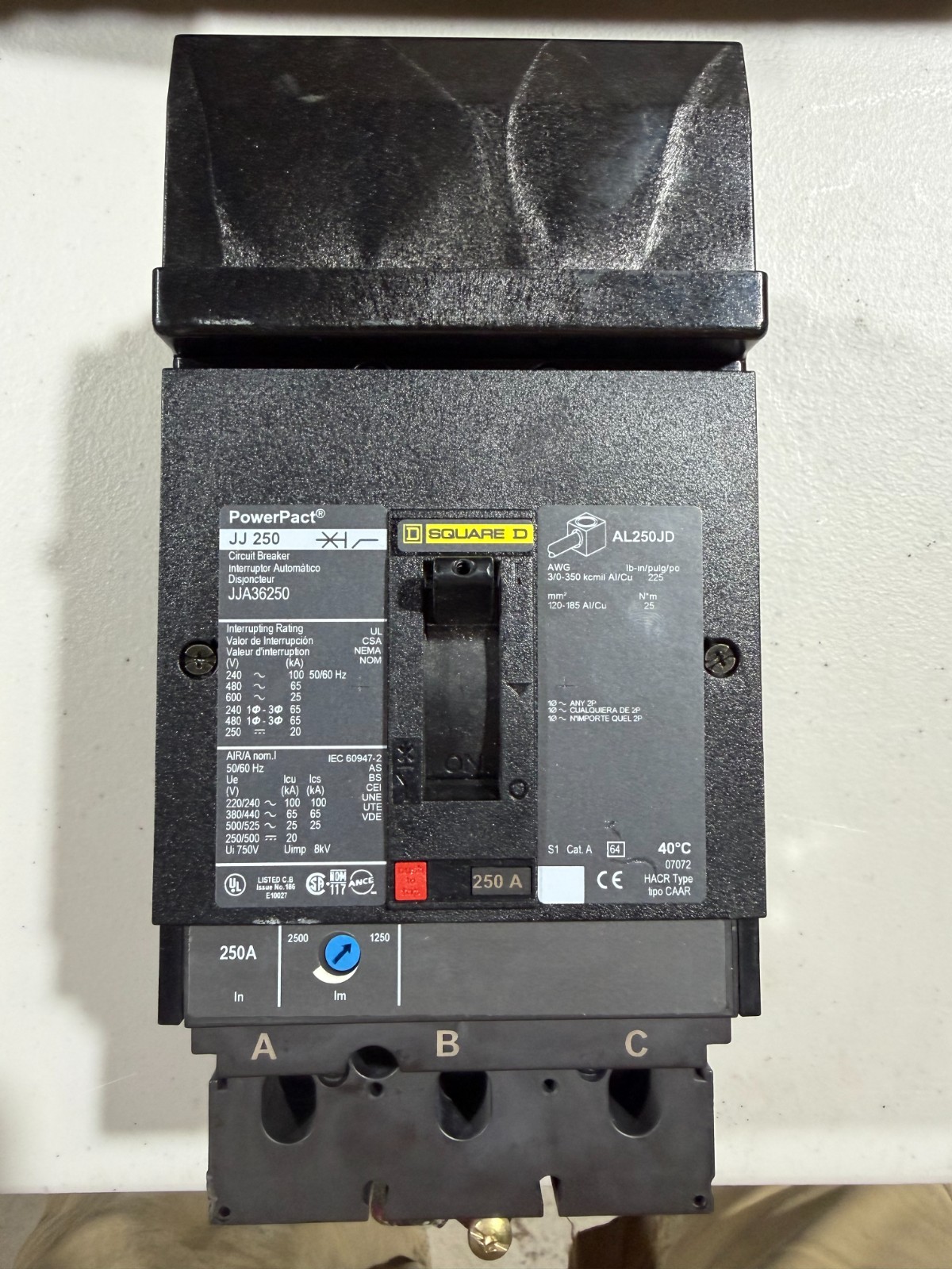 Square D JJ-36250 250A 600V I-Line, Thermal Magnetic Circuit Breaker