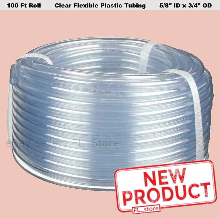 5/8 Inch ID x 3/4″ OD Clear Plastic Tubing 100 Feet Long Roll Flexible Vinyl NEW