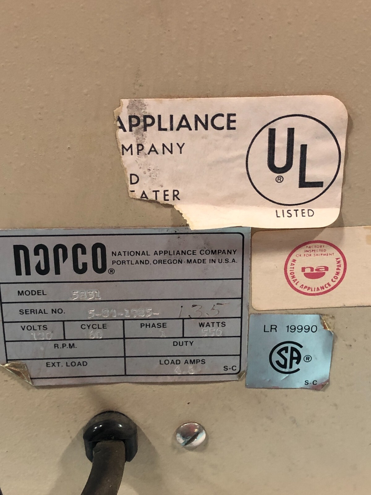 Napco Model 5831 Vacuum Oven, 120V, 60Hz, 1PH, 550W. 4.6A, 190962