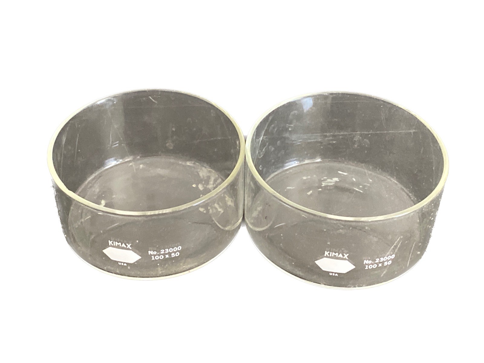 Used (2) KIMAX Glass 100x50mm 340mL Crystallizing Dishes 23000-10050
