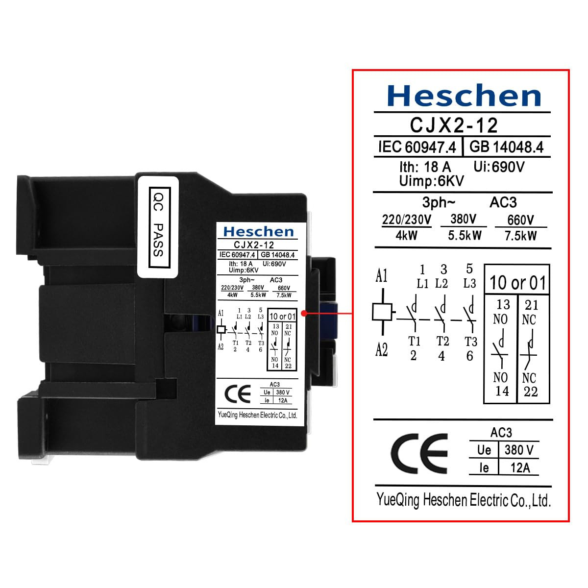 AC Contactor, CJX2-1210, 110V 50/60Hz Coil, 3P, 3 Pole, Normally Open