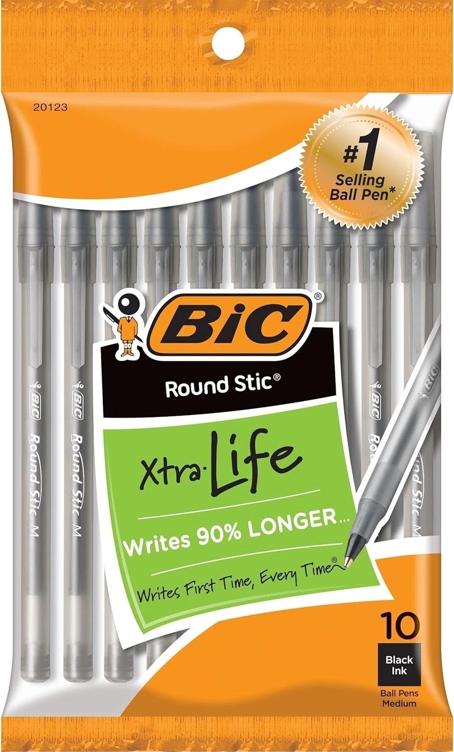 BIC Round Stic Xtra Life Black Ballpoint Pens, Medium Point (1.0mm), 10-Count !!