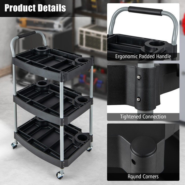 3 Layer Detailing Garage Tool Organizer Utility Cart w/ Multiple Divider 4 Wheel