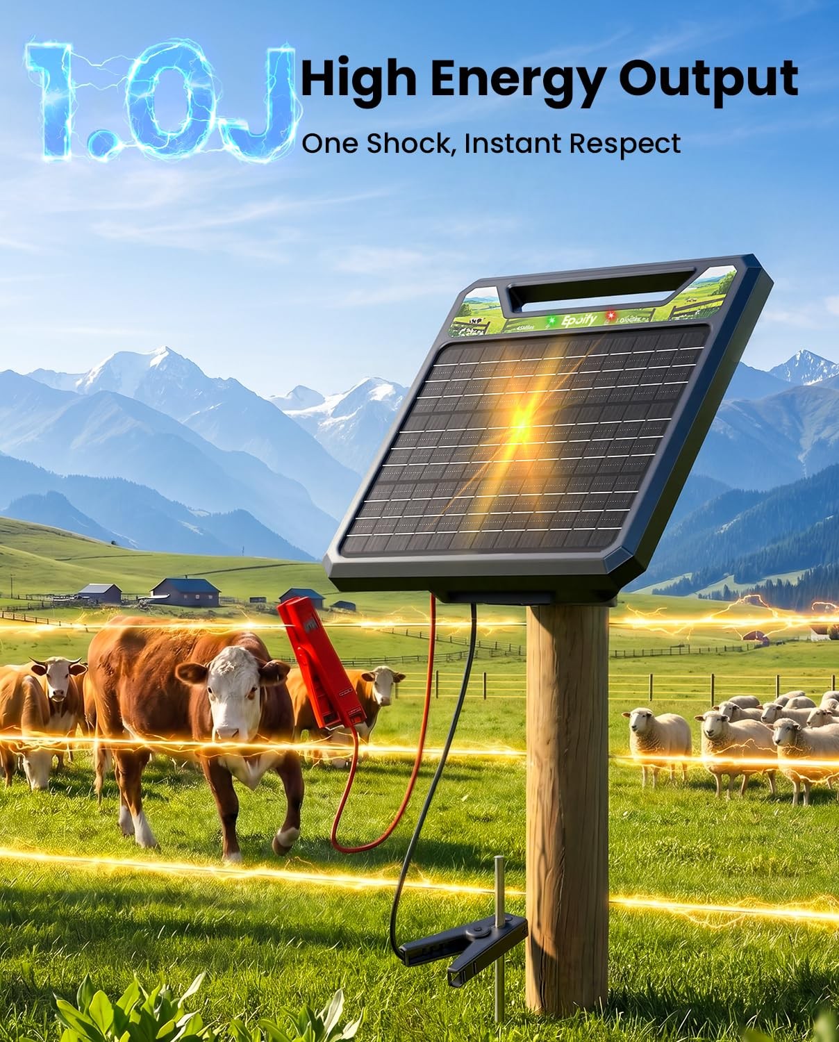 Solar Electric Fence Charger 1.0J, Epoify LD03 45 Mile Fence Energizer with 8…